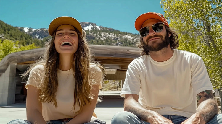 A man and woman wearing funny trucker hats