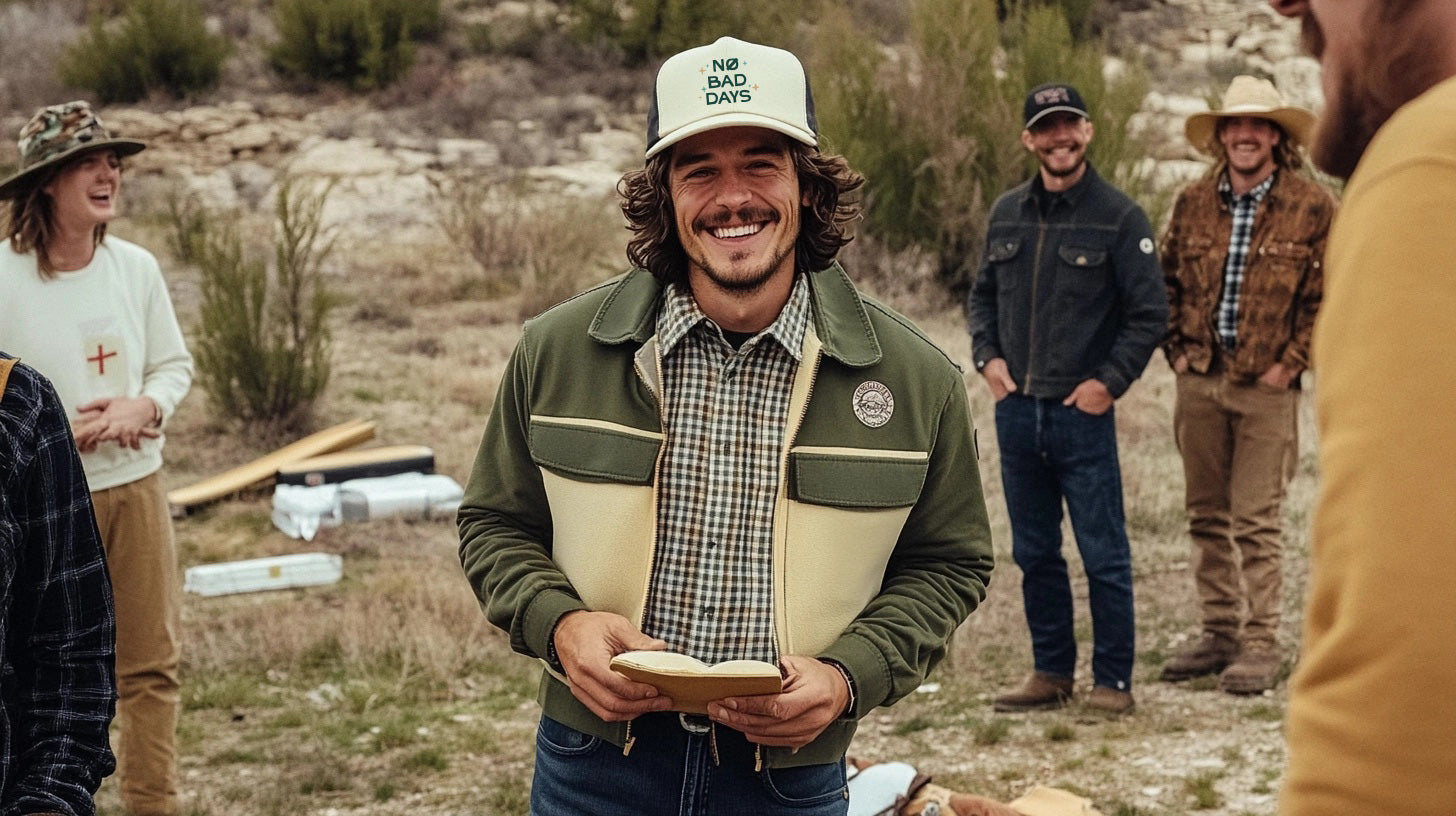 A group of men wearing mens trucker hats