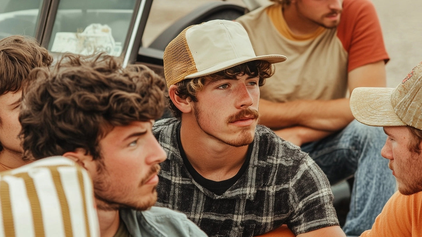 A group of men wearing trucker hats