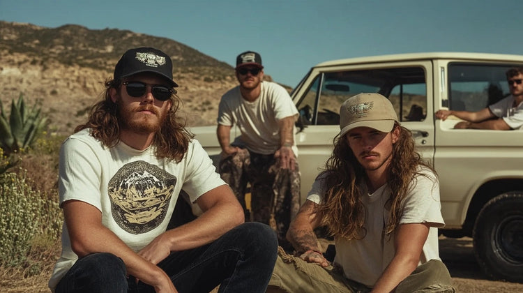 A group of men wearing western trucker hats