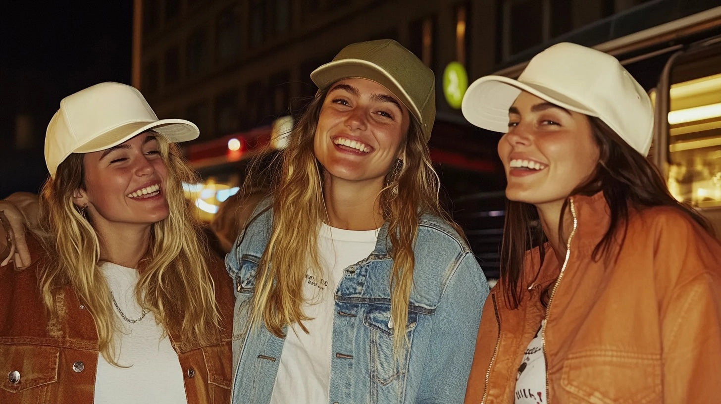 A group of women wearing womens trucker hats